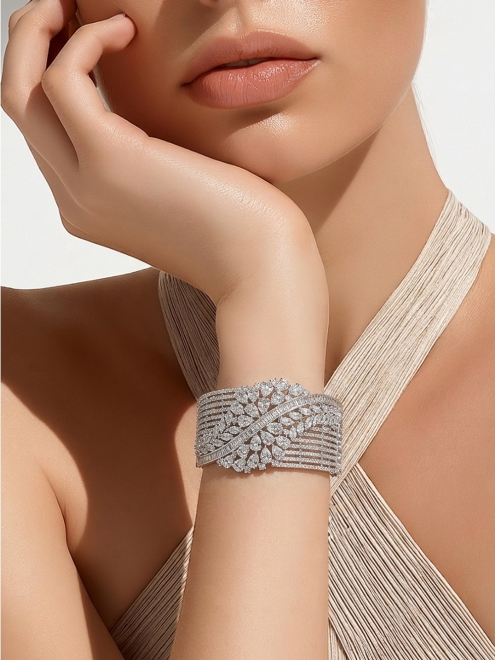 Luxury Silver Crystal Leaf Cuff Bracelet - Women